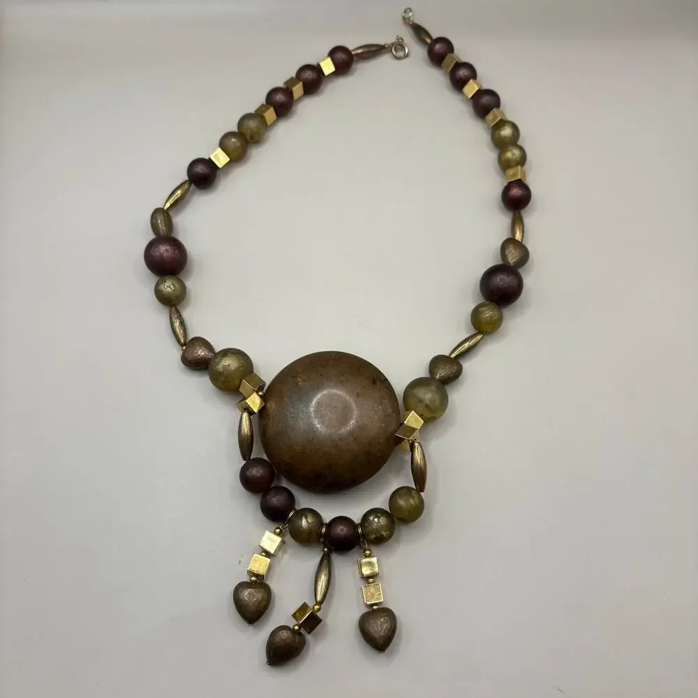 VTG Necklace Beaded Costume Statement Chunky Earthy Gold‎ Tone Hearts Boho